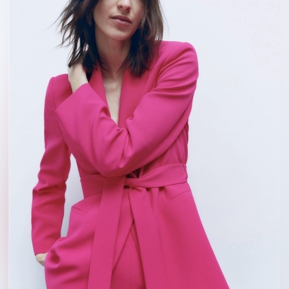 ZARA Belted HOT PINK FUCHSIA Blazer with Tuxedo Collar Size: Small - Picture 7 of 12